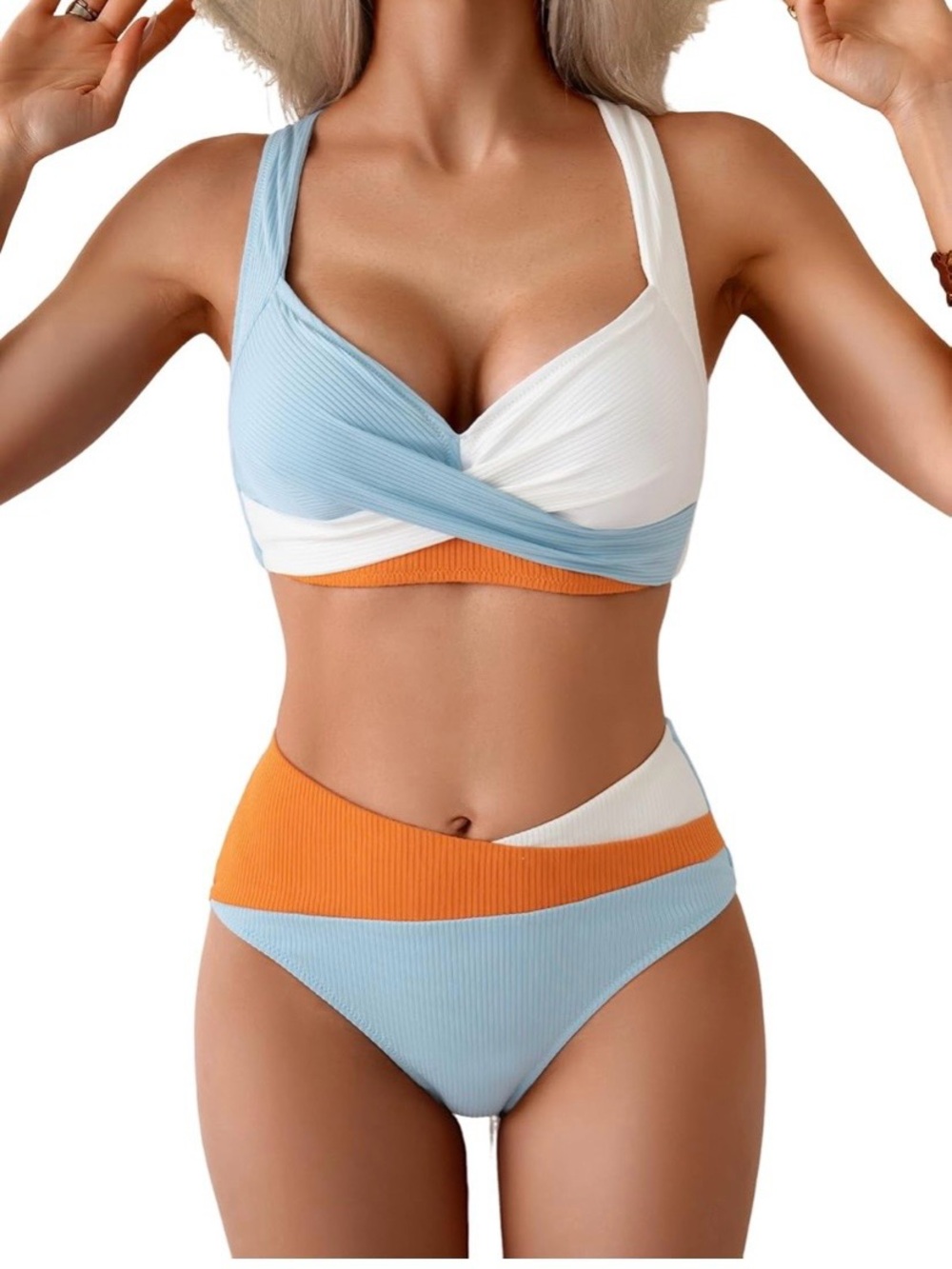 Colorblock Ribbed Bikini Set in Light Blue, White & Orange